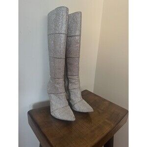 Steve Madden Rhinestone Knee High Boots Silver Stiletto Pointed Toe 9.5